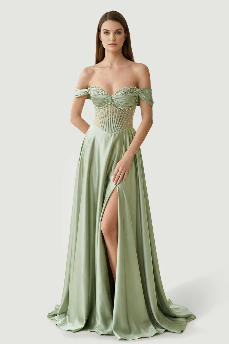 Sage Off The Shoulder A Line Satin Beaded Prom Dresses With Slit