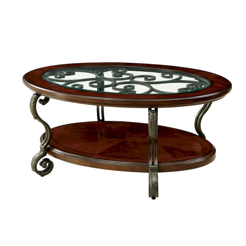 Brown Cherry Glass Top Coffee Table with Ornate Scroll Metal Frame & Open Shelves - Single Use