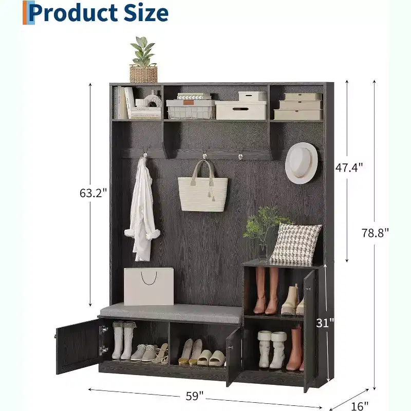 Acekool 79in Hall Tree 5-in-1 Entryway Bench, Coat Rack with 4 Hooks, Storage Cabinets & Open Shelves, for Entryway or Living Room, Rustic White