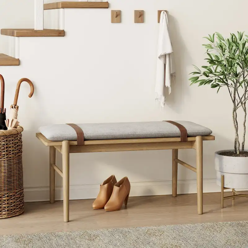 Mid-Century Light Brown Bench with Removable Ivory Cushion for Bedroom and Hallway