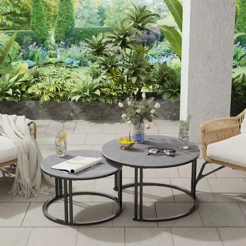 2X Round Nested Coffee Table SinteredStone Top Metal Tables - 27x16