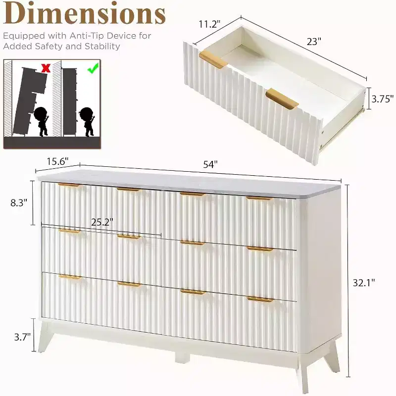 AMERLIFE Fluted 6-Drawer Dresser with Faux Marble Top, 54 Wide Chest of Drawers for Bedroom, Living Room, Hallway, Entryway,White