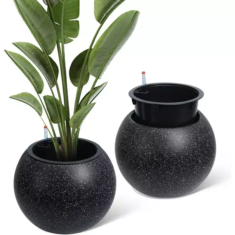 10.2 H x 13.5 Dia (10 Opening) Round Self-Watering Indoor Plant Pots with Drainage & Water Level Monitor, White Dot Design