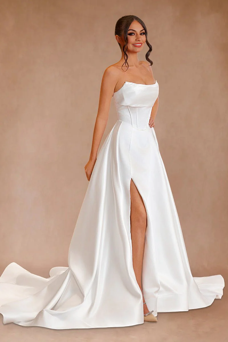 White Strapless Satin A-Line Wedding Dresses