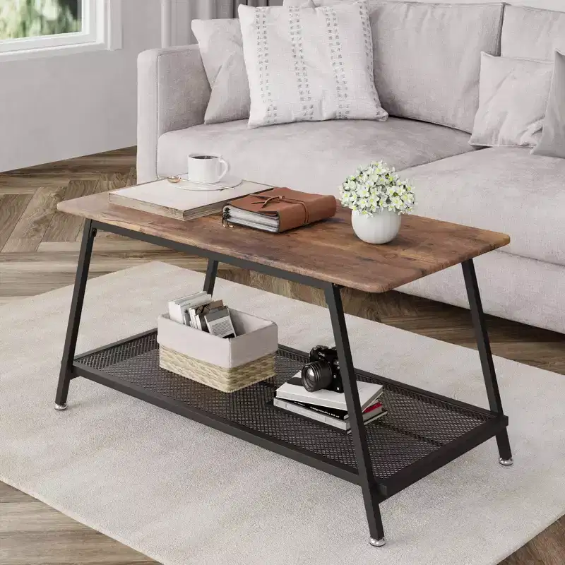 Coffee Table Farmhouse Center Table 2-Tier Industrial Living Room with Mesh Shelf Rectangle Wood Cocktail Table Metal Frame, Rustic Brown