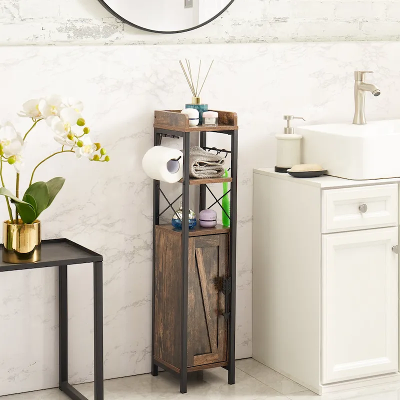 Brown/White Freestanding Bathroom Floor Cabinet with Open Shelves & Door, 1-Person Assembly