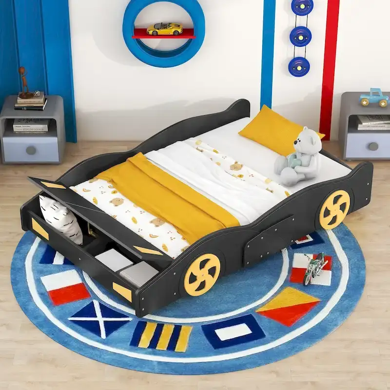 Black / Dark Blue Full Size Race Car Platform Bed with Front Storage, 1-Person