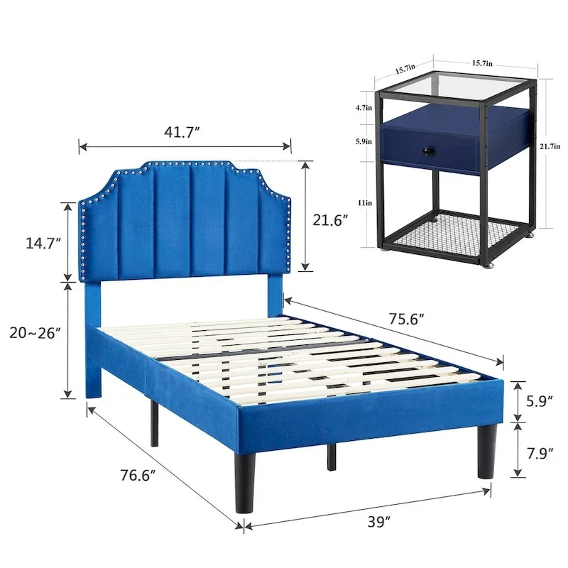Bedroom Sets, 15 Style Options, 3-pieces Bedroom Set with Height Adjustable Upholstered Bed and Nightstands Set of 2-VECELO
