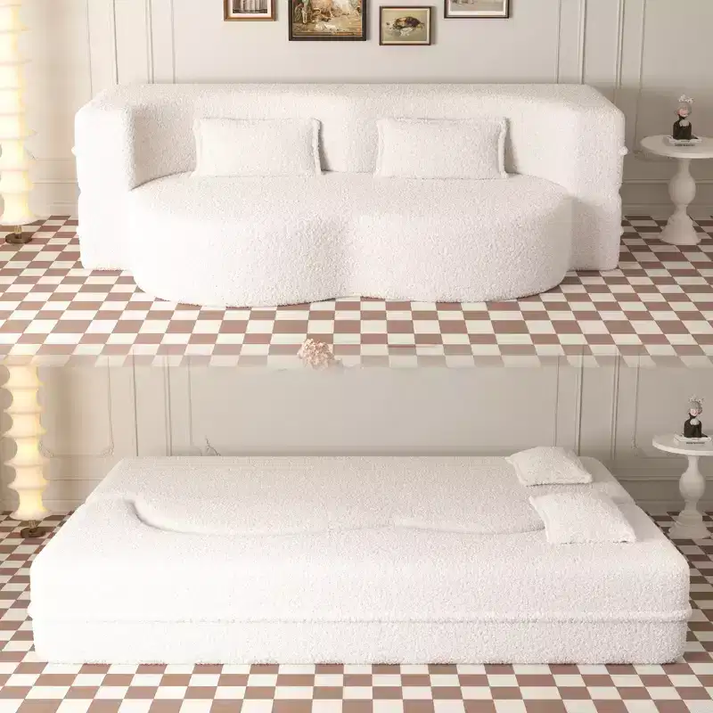 Okak Modern Convertible Sectional Sofa Couch Floor Sofa with 2 Pillows Teddy Fabric Upholstered Sofa Folding Mattress No Assembly Required