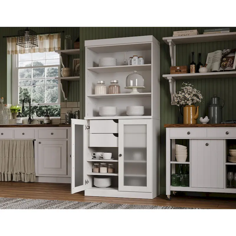 Solid Wood Pantry Cabinet with Frosted Glass Doors & 2 Drawers – 9 Colors, Single Unit