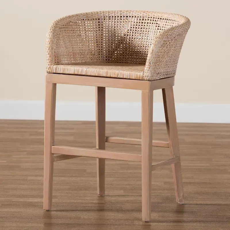 Papua Modern Bohemian Natural Rattan and Acacia Wood Counter Stool