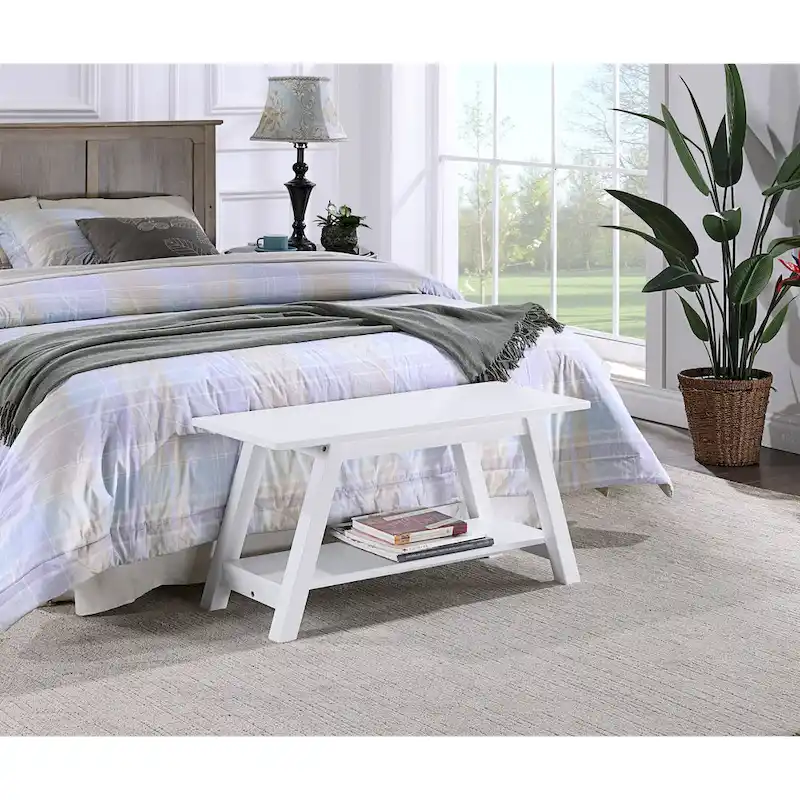 White Solid Wood Bench with Storage Shelf – Farmhouse Style, 1–2 Person Use