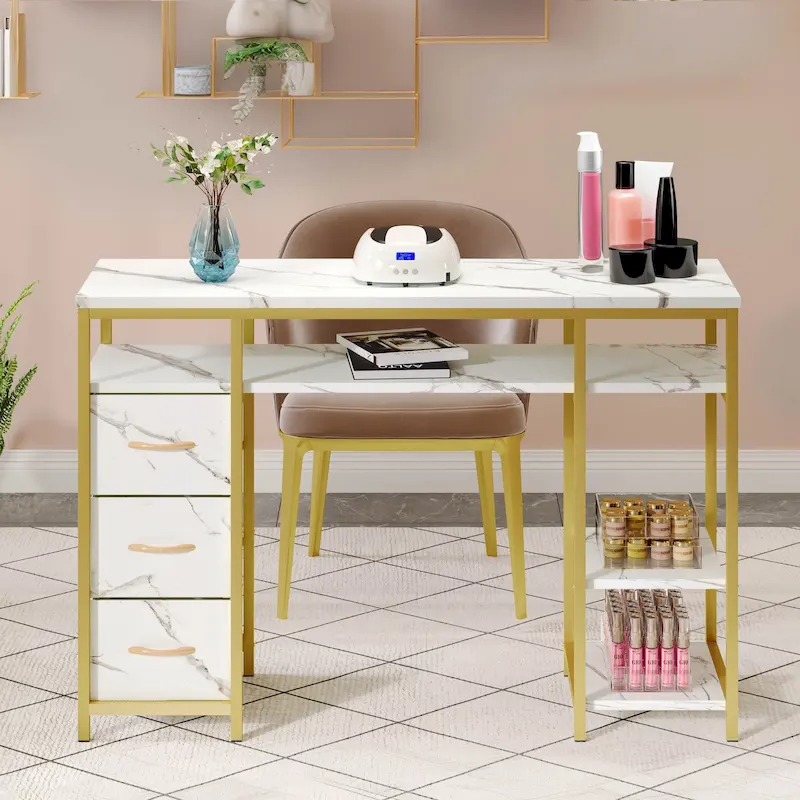Moasis Makeup Vanity Table Computer Desk with 3 Fabric Drawers,Nail Art Desk Workstation