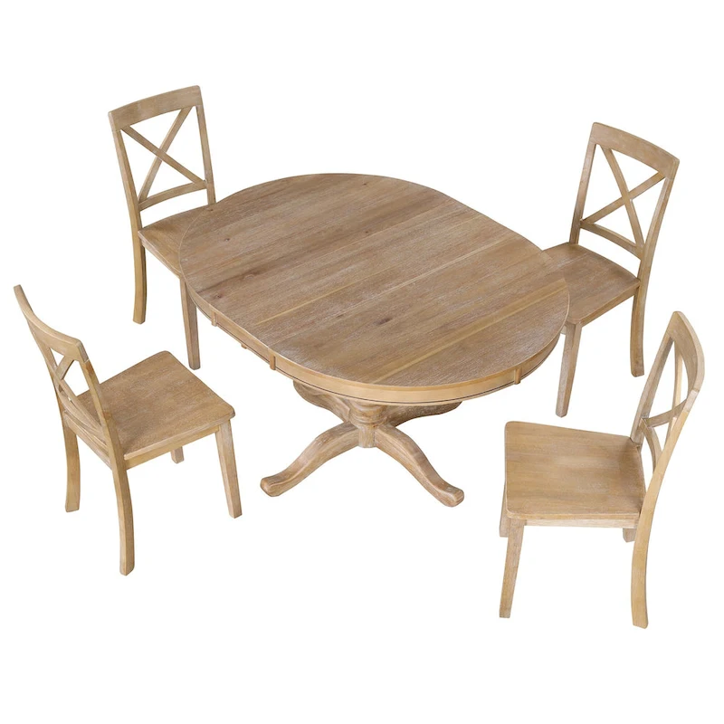 Natural Wood Wash 5-Piece Wooden Dining Table Set with Expandable Round Table & 4 Chairs