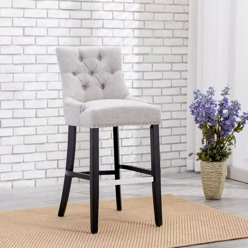WestinTrends 29 Linen Fabric Tufted Buttons Upholstered Wingback Bar Stool, Light Gray