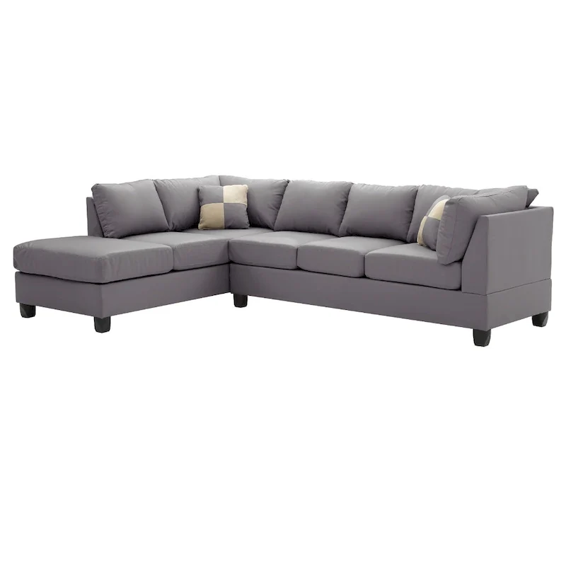 Reversible Faux Leather Sectional Sofa with Throw Pillows - 111 - Gray