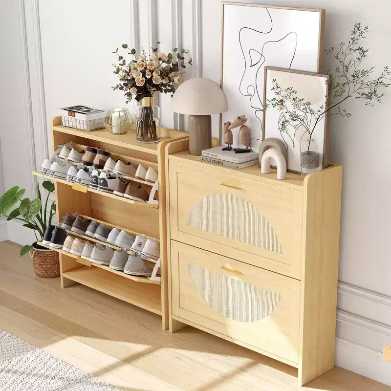 2 Flip Drawers Wood Shoe Storage Cabinet, Shoe Cabinet Freestanding with Rattan Doors & Adjustable Shelves for Entryway, Closet, Hallway