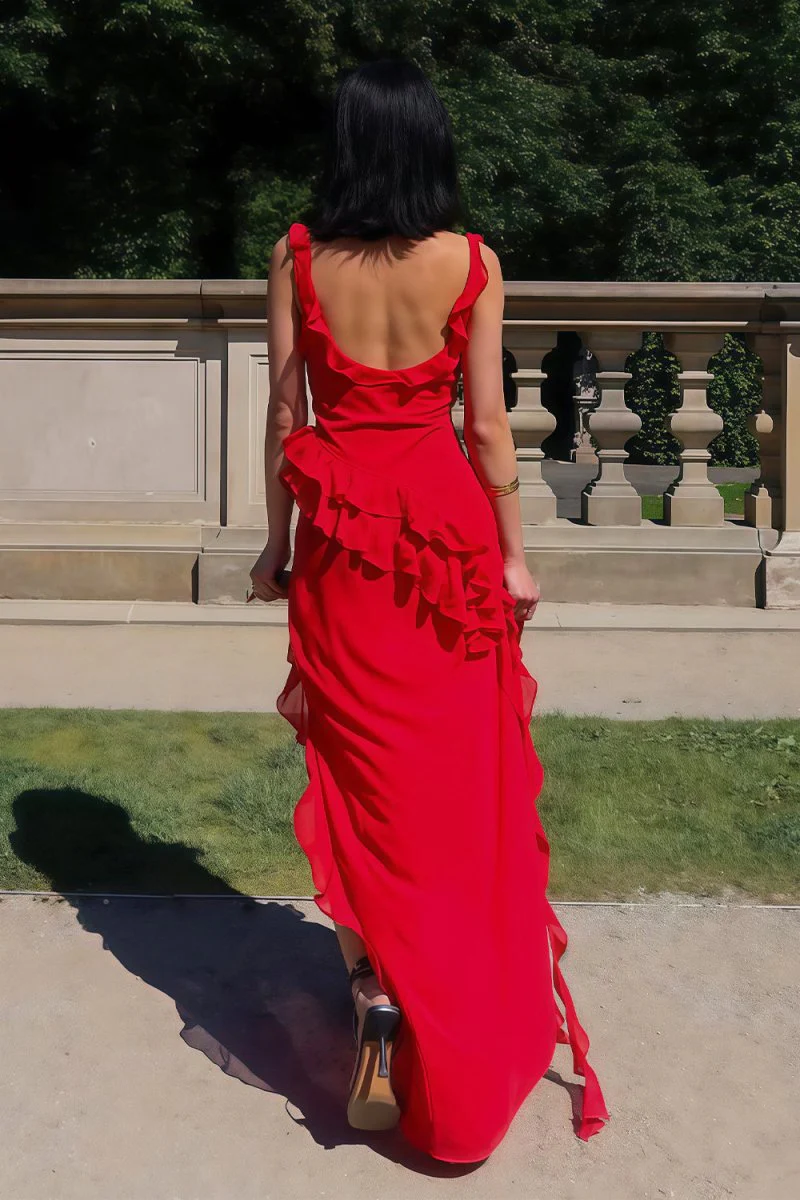 Red Square Neck Sheath Satin Ruffled Prom Dresses With Slit