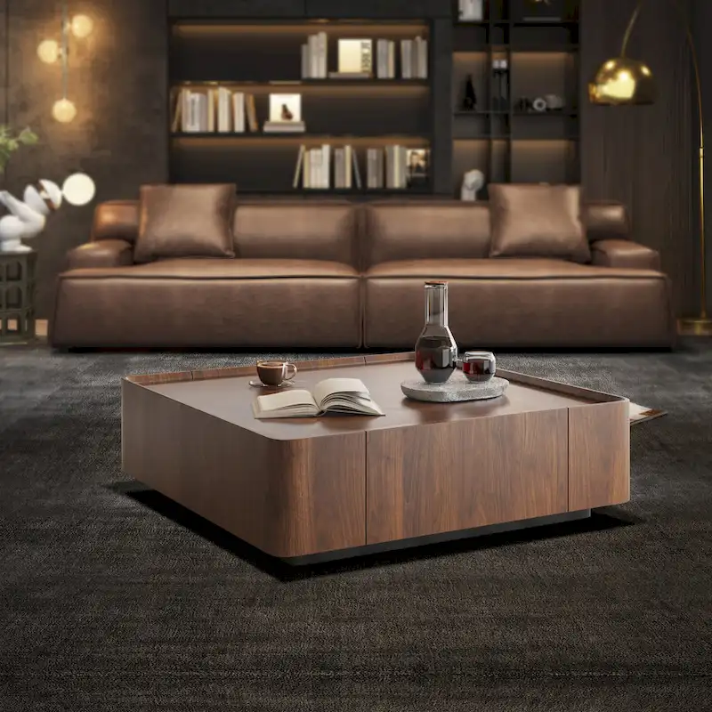 Mid-Century Modern Square Wood Coffee Table with Drawers