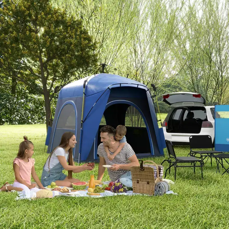 Outsunny Camping Tents 4 Person Pop Up Tent Quick Setup Automatic Hydraulic Family Travel Tent w/ Windows, Doors Carry Bag Included