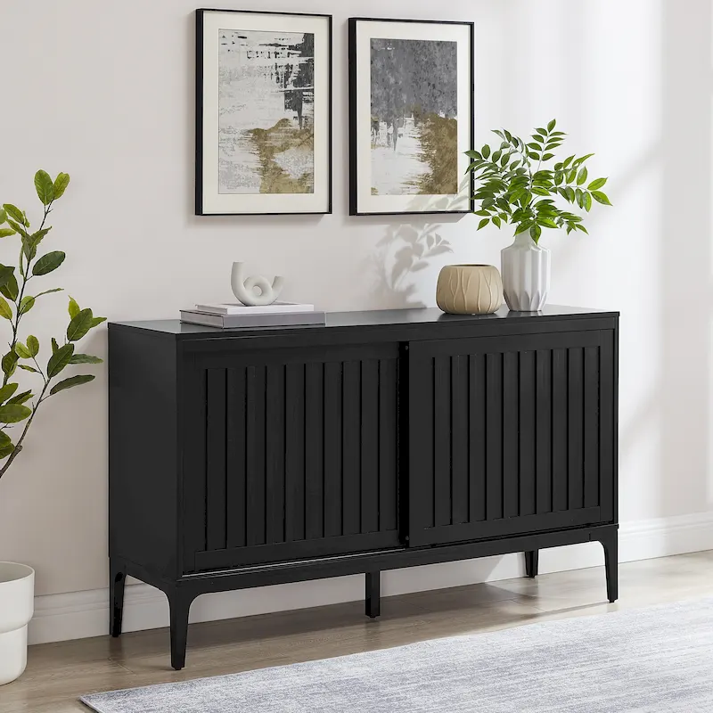 Matte Black & Dark Brown Mid-Century Sideboard with Sliding Doors