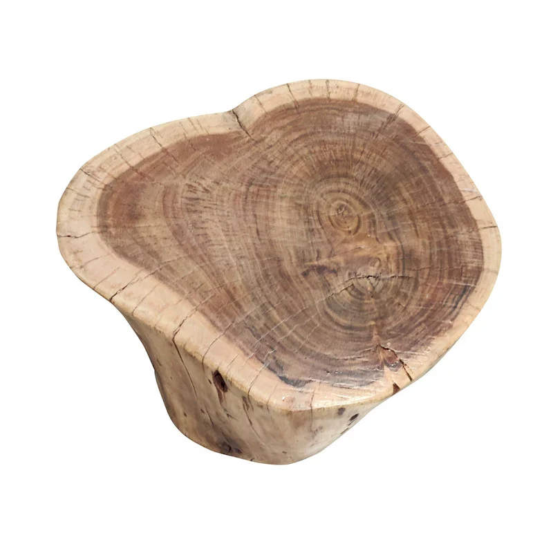 17 Inch Accent Stump Stool End Table, Live Edge Acacia Wood Log with Grain and Knot Details, Natural Brown