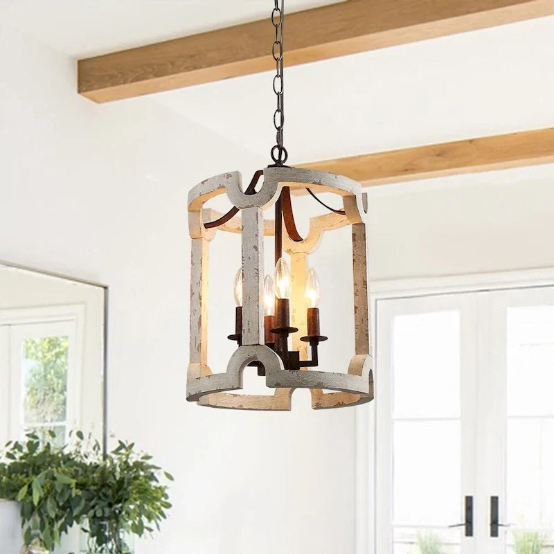 4-Light White Weathered Cylinder Lantern Chandelier - Whitewashed
