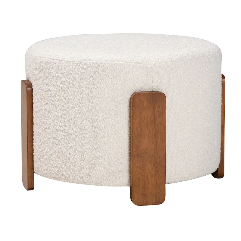 Modern Japandi Boucle Fabric and Wood Ottoman Footstool