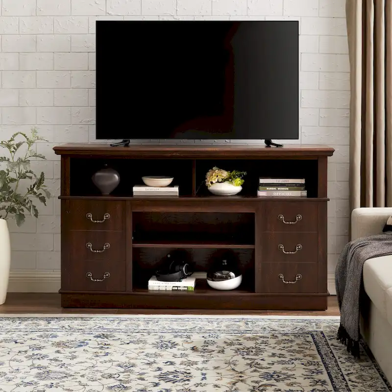 Rustic Farmhouse TV Stand with 6 Drawers, 4 Shelves & Cable Management – Fits 65