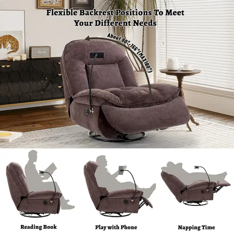 Adjustable Swivel Chenille Recliner with Phone Holder