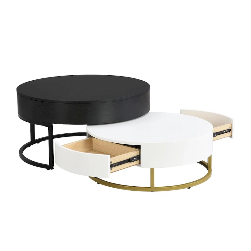Modern Round Lift-top Nesting Coffee Tables with 2 Drawers