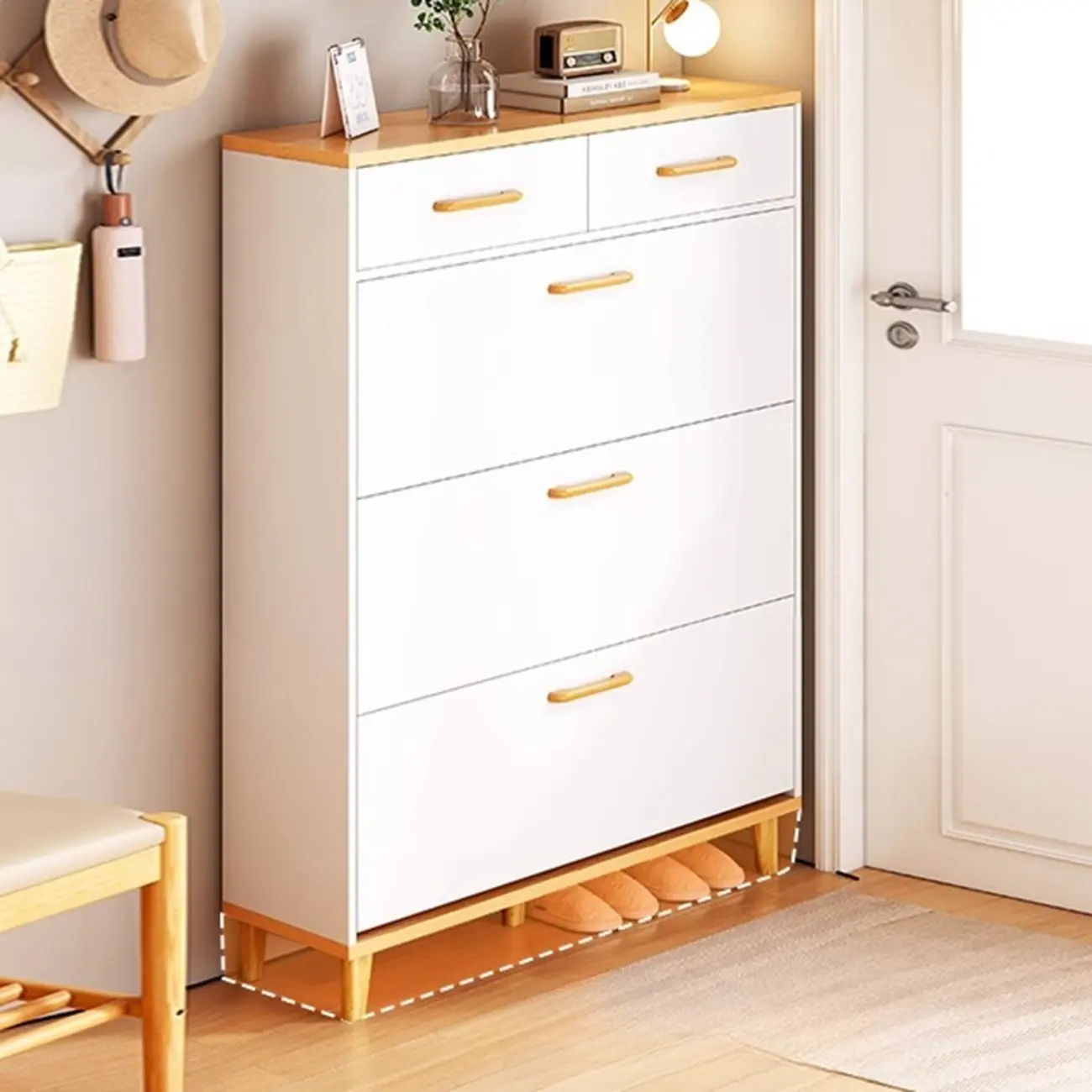 Entryway Modern Wood Shoe Cabinet with Flip-Out Drawer