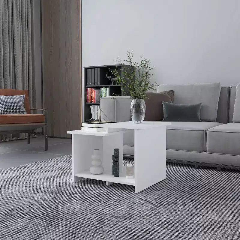 White Modern Coffee Table with Open Storage, Three-Shelf Rectangular Sleek Organizer Display Table for Living Room