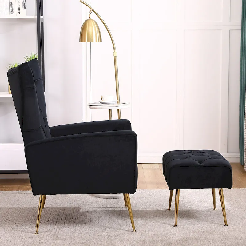 Gray Wingback Accent Chair with Ottoman Set