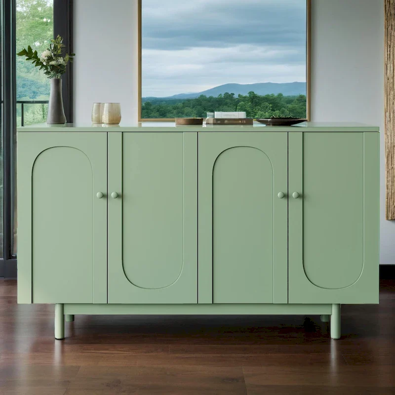 Mint Green / White 4-Door Intaglio Storage Cabinet with Pine Legs, 1-Person Assembly