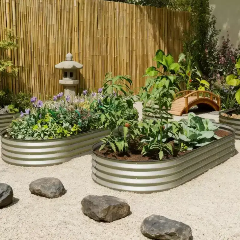 NAYSAYE Raised Garden Bed Set 2 Piece Metal Garden Boxes with Plant Stakes and Open Bottom Design for Garden Patio, Silver, 22.66*14.78*5.52