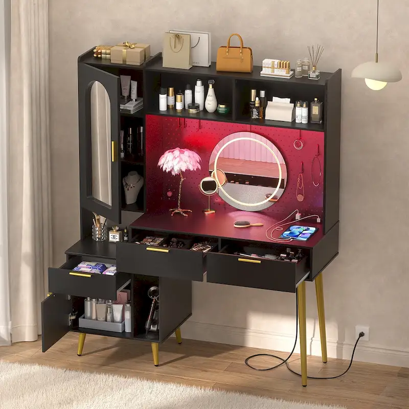 Makeup Vanity with Pegboard and Hutch, Bedroom Vanity Table with Charge Station and LED Light - N/A