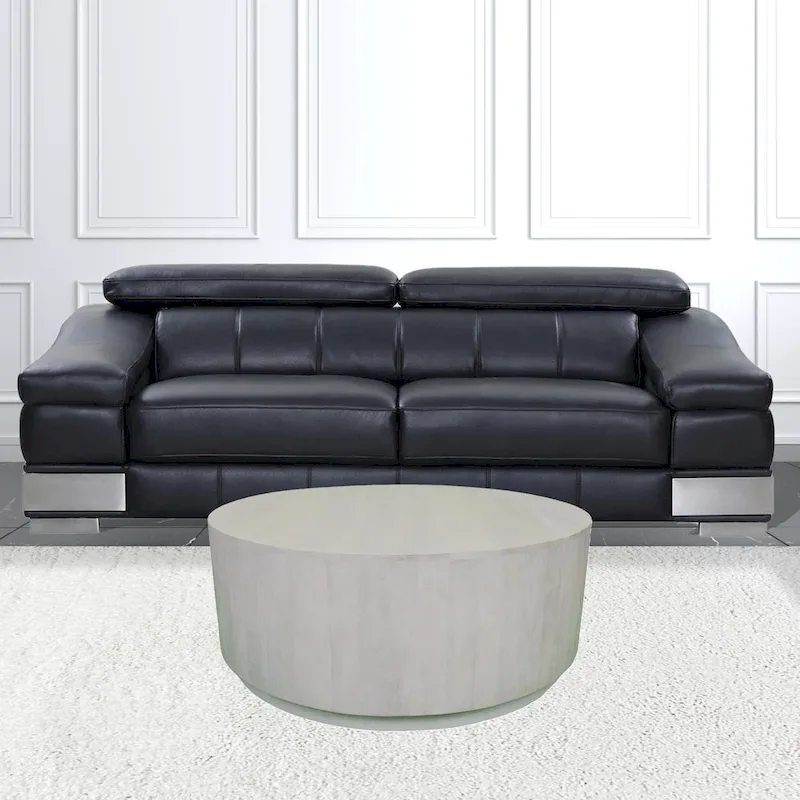 White Rustic Round Coffee Table, Solid Wood, 1-Seat