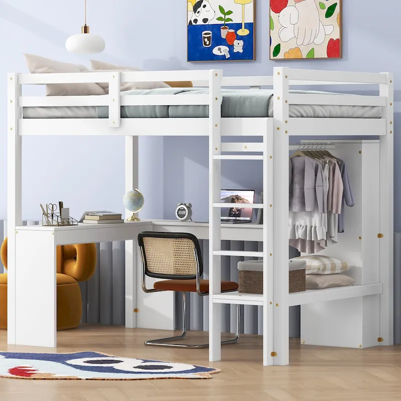 White Twin Solid Wood Loft Bed with L-Shaped Desk, Wardrobe & Storage Shelves