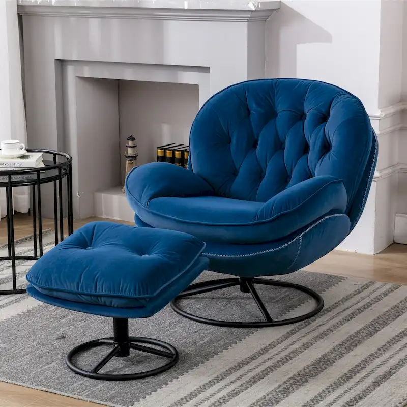 Blue Upholstered Swivel Accent Chair with Ottoman | Button-Tufted, Black Metal Legs
