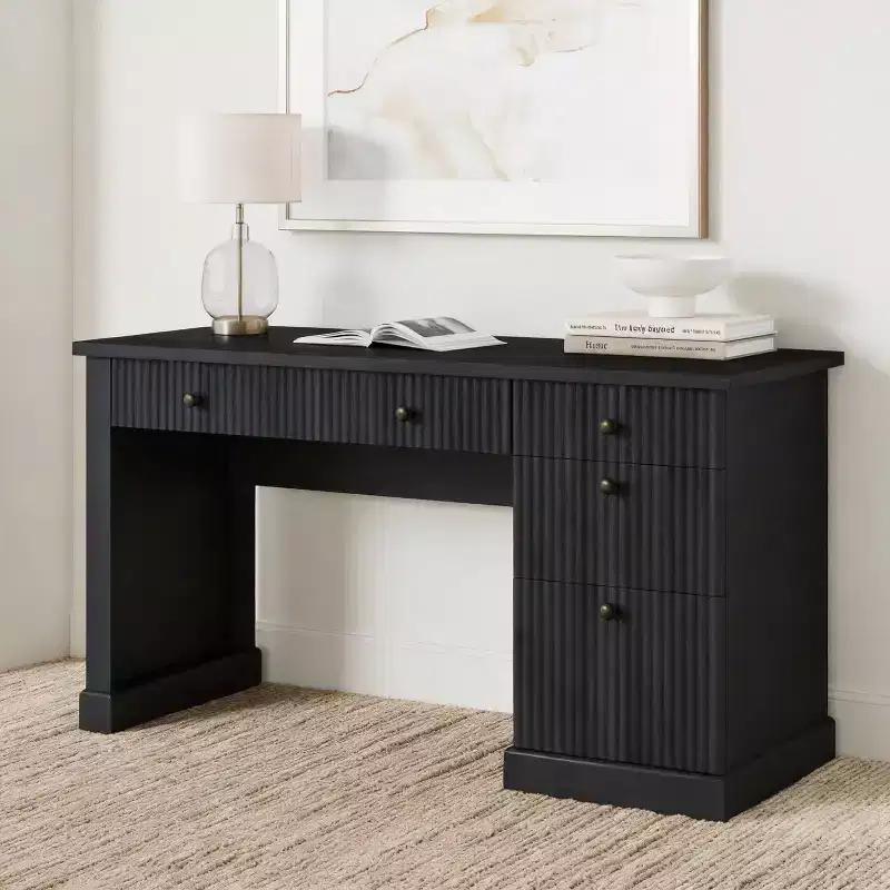 Fluted Executive Desk with Drawers, Wood Computer Desk with Ample File Drawer, Home Office Desk with Storage for Study, Bedroom, Living Room