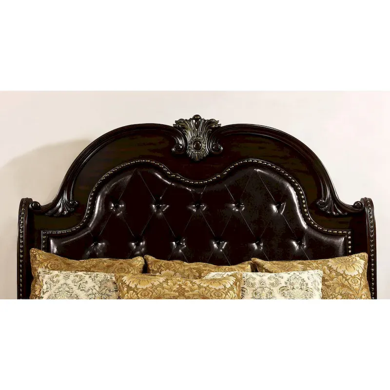 Traditional Solid Wood Sleigh Bed with Tufted Leatherette Headboard