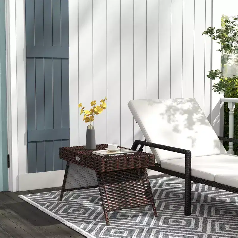 Folding Rattan Side Table, Outdoor End Table, Hand Woven PE Rattan Coffee Table for Balcony, Garden, Lawn, Courtyard