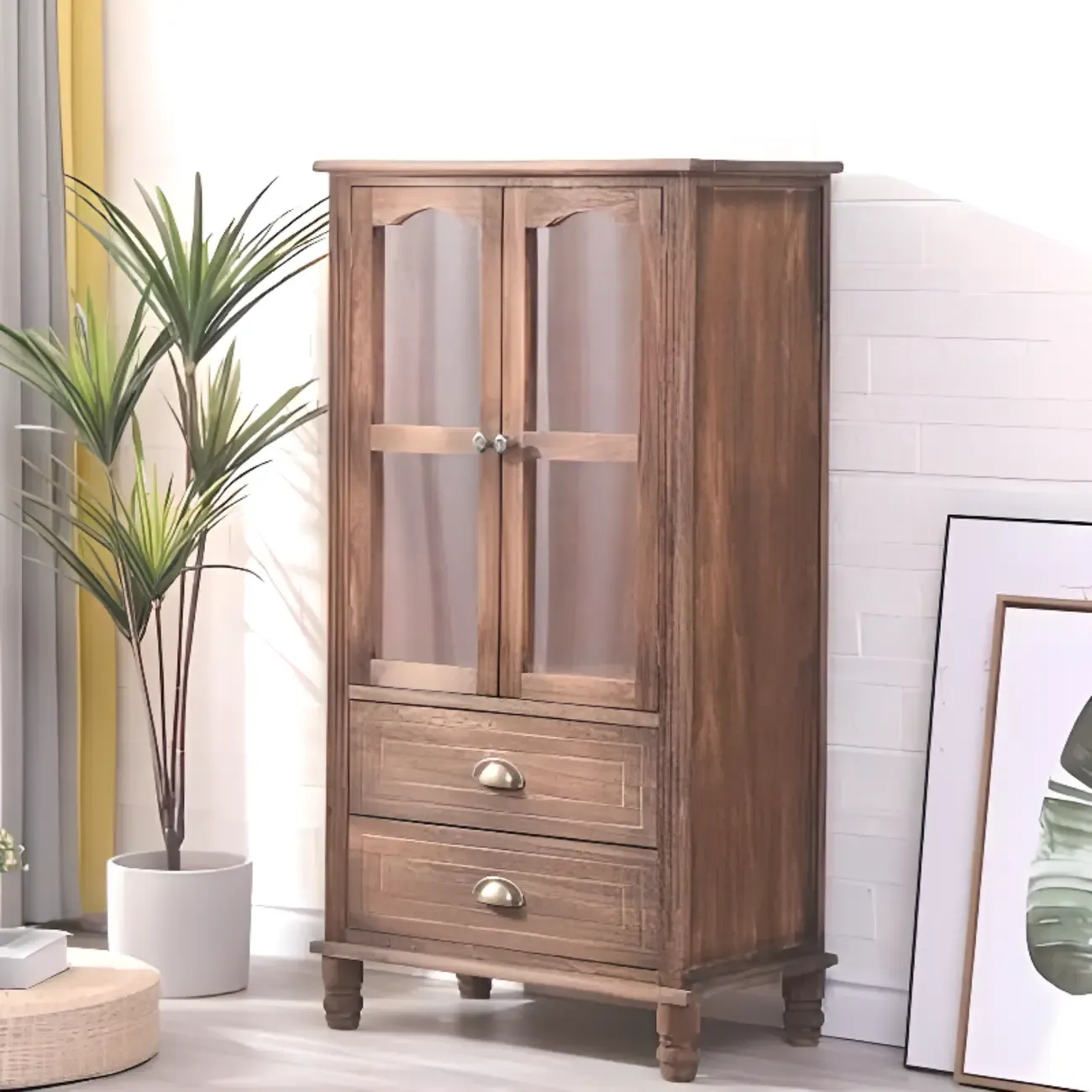 Freestanding Solid Wood White Cabinet with Drawers