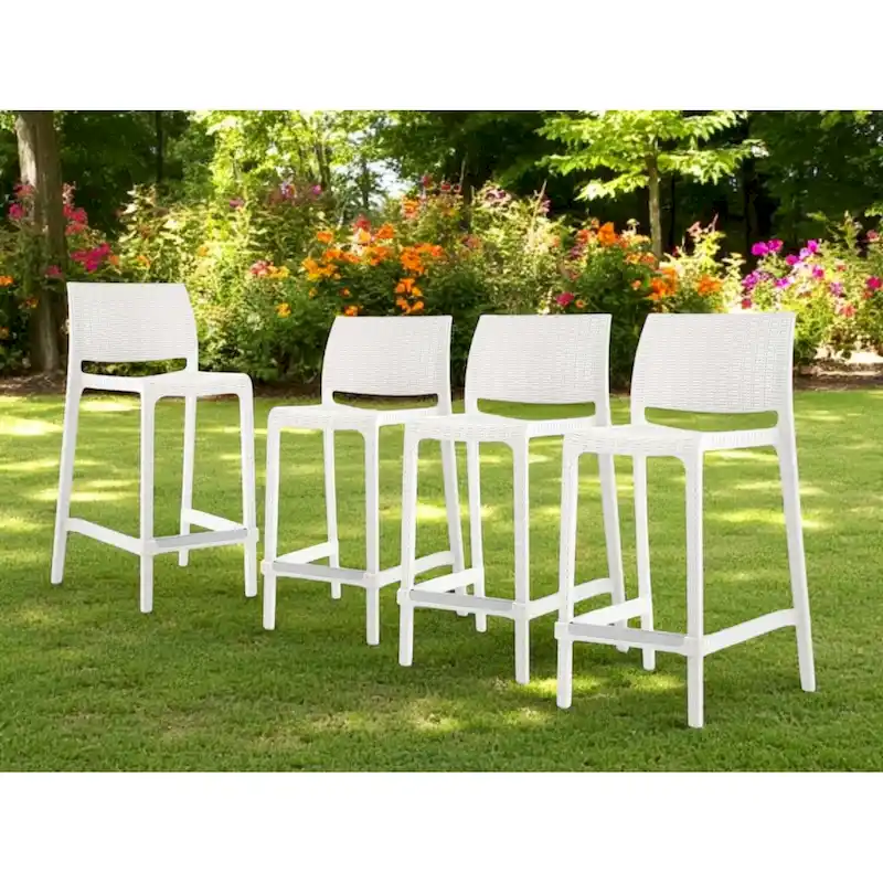 HomeRoots Set of Four 26 White Faux Rattan Heavy Duty Plastic Low Back Outdoor Counter Height Bar Chairs