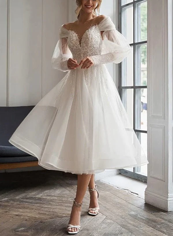 A-Line Sweetheart Long Sleeves Elegant Tulle Wedding Dresses With Appliques Lace