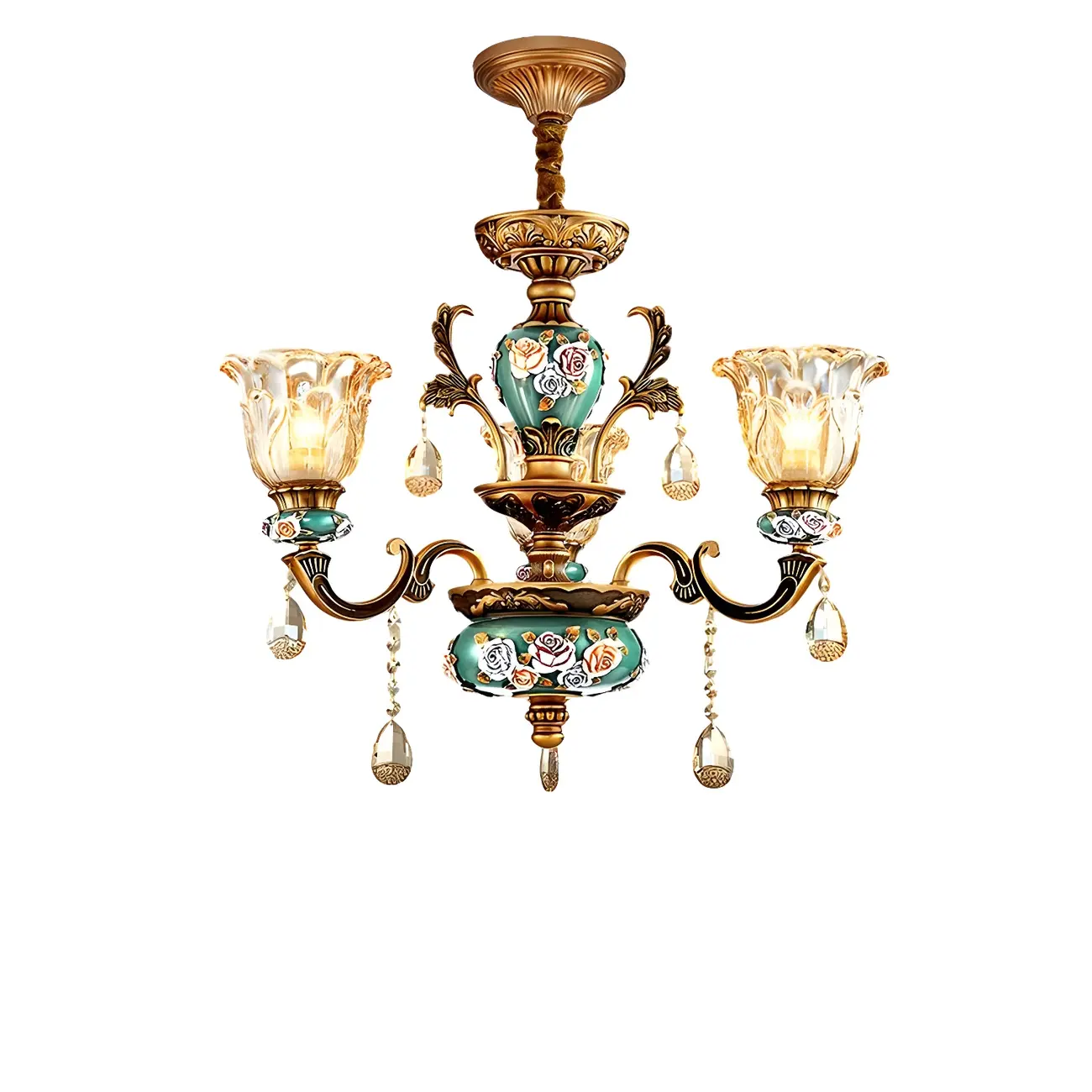 Indoor Vintage Brass Flower Glass Shape Crystal Chandelier