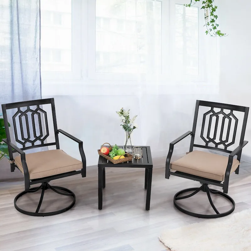MAISON ARTS 3-Pcs Outdoor Dining Set,1 Steel Swivel Dining Chair with Cushion and 1 Black Small Metal Square Coffee Table
