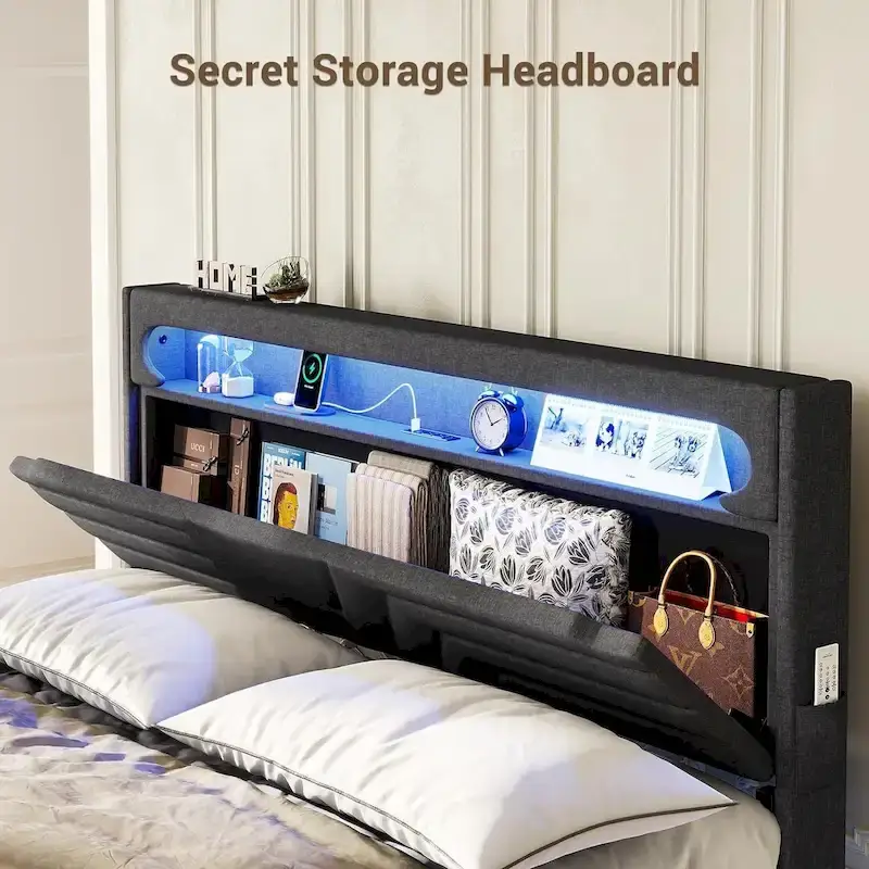 Bed Frame LED Lights Headboard & USB-C/A Charging Station 4 Drawers