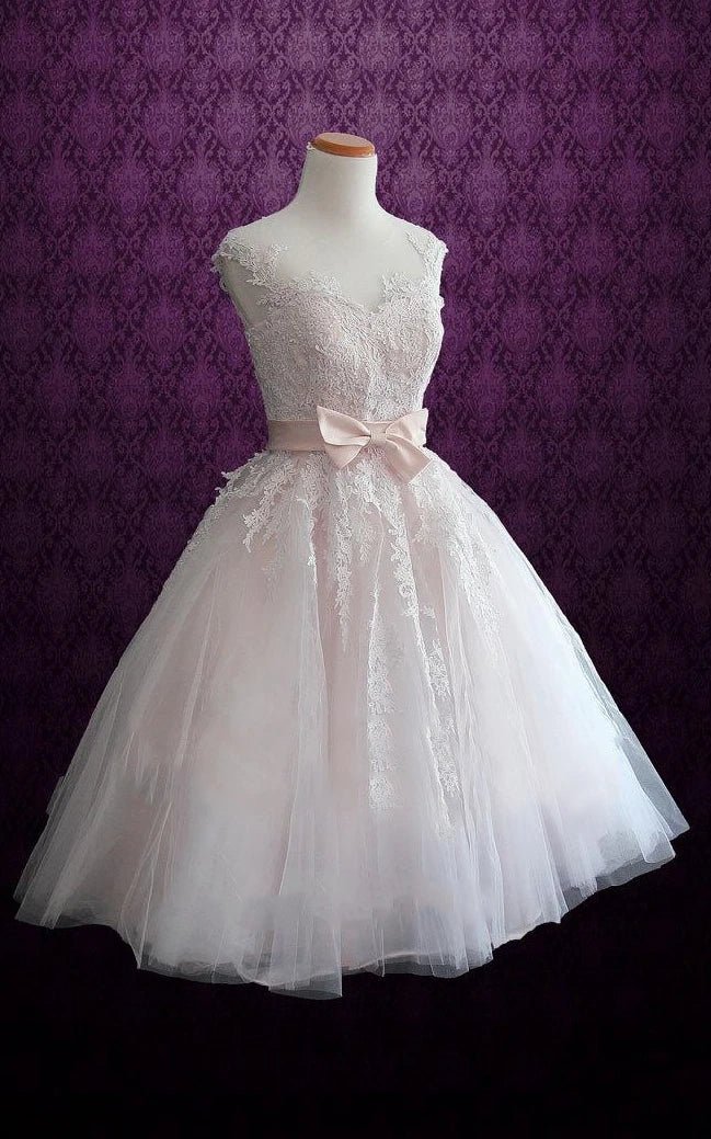 Short Tea-Length Tulle Lace Satin Wedding Dress